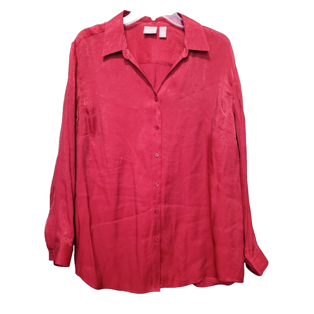 Chico’s Silky Red Shimmer Long Sleeve Button-Up Tunic Size 3 (XL)